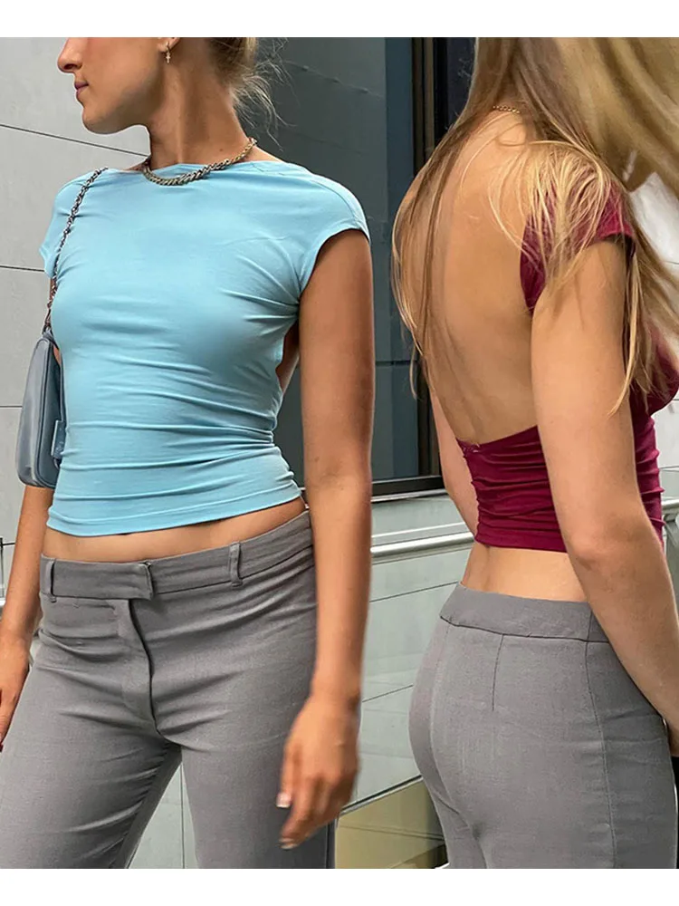 Backless Short Sleeve Blue Y2K Crop Top Women Casual O Neck 2024 Summer T Shirts Sexy Vintage Cut Out - Image 2