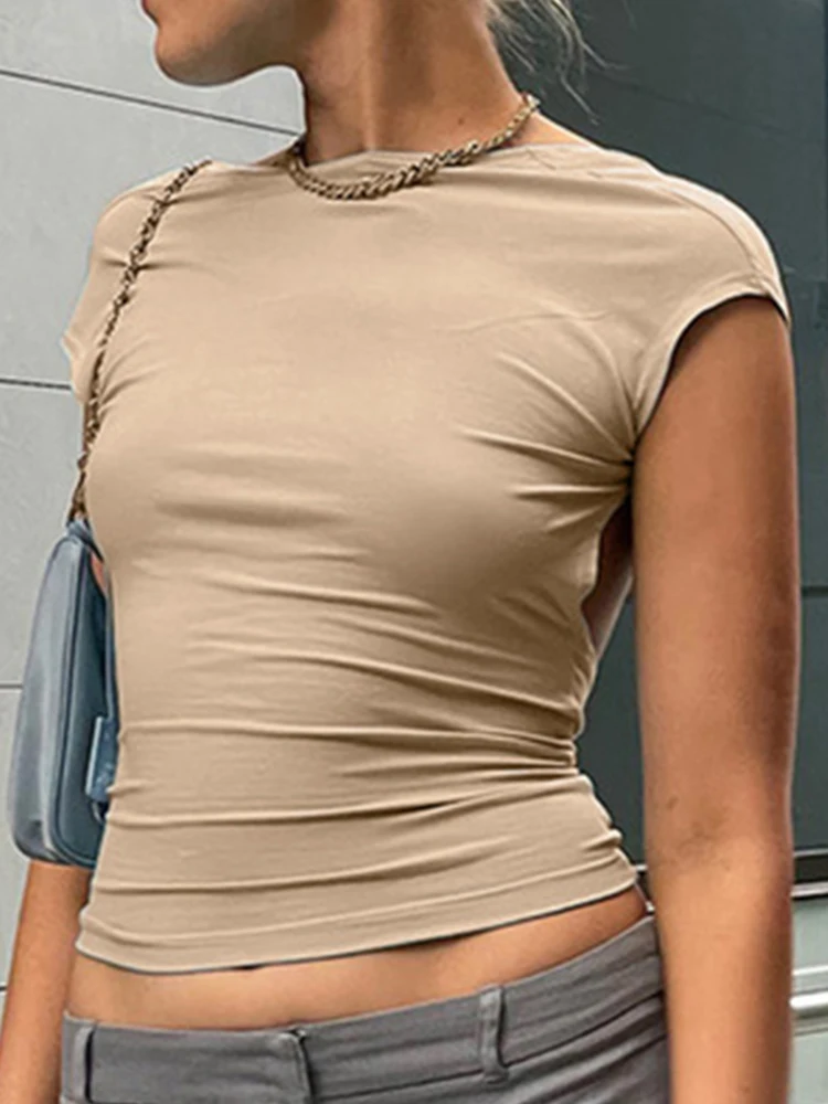 Backless Short Sleeve Blue Y2K Crop Top Women Casual O Neck 2024 Summer T Shirts Sexy Vintage Cut Out - Image 4